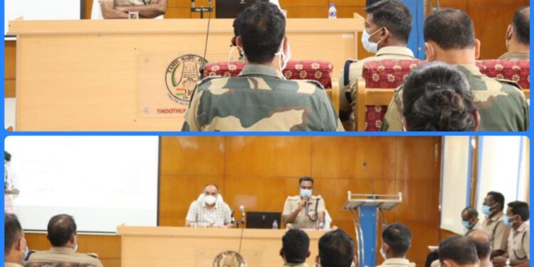 தமிழக சட்ட மன்ற தேர்தல் வாக்குபதிவை முன்னிட்டு பாதுகாப்பு ஏற்பாடுகள் – தூத்துக்குடி மாவட்ட காவல்துறை அதிகாரிகளுடன் ஆலோசனை கூட்டம்