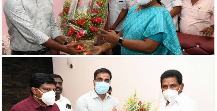 தூத்துக்குடிக்கு வருகை தந்த அமைச்சர்கள் கீதாஜீவன், அனிதா ராதாகிருஷ்ணன் ஆகியோரை மாவட்ட ஆட்சியர் செந்தில்ராஜ் பூங்கொத்து கொடுத்து வரவேற்றார்.