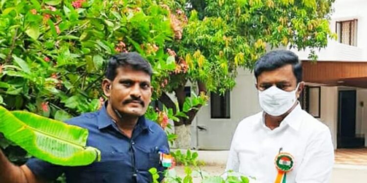 75 வது சுதந்திர தின விழா தினத்தை முன்னிட்டு சுற்றுச்சூழல் மாசு கட்டுப்பாடு மீட்க செய்தித்துறை அமைச்சர் மு.பெ. சாமிநாதன் செந்தாமரை இல்லத்தில் மரக்கன்றுகளை நட்டார்