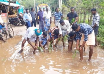வேதாரண்யம் அருகே உள்ள செட்டிபுலம் ஊராட்சியில் கடந்த 15 ஆண்டுகளாக செப்பனிட படாமல் உள்ள சாலையில் மழைநீர் தேங்கி உள்ளதால் பொதுமக்கள் மற்றும் பள்ளி செல்லும் மாணவர்கள் அவதி ஆகையால் பெற்றோர்கள் சாலையில் நடவு நட்டு போராட்டத்தில் ஈடுபட்டனர்
