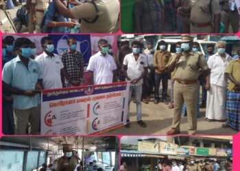 பேருந்து நிலையத்தின் முன்பு விளாத்திகுளம் டிஎஸ்பி பிரகாஷ் தலைமையில் கோவிட்-19 மூன்றாம் அலை விழிப்புணர்வு – சமூக ஆர்வலர்கள் வரவேற்பு