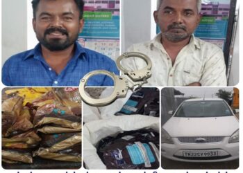 எட்டையாபுரம் பகுதியில் சட்டவிரோதமாக காரில் புகையிலை பொருட்களை கடத்திய 2 பேர் கைது – ரூ.21,000/- மதிப்புள்ள 22 கிலோ புகையிலை பொருட்கள் மற்றும் கடத்துவதற்கு பயன்படுத்தப்பட்ட கார் பறிமுதல்