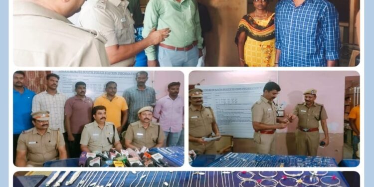 தூத்துக்குடியில் நகை கடையின் சுவற்றில் ஓட்டைபோட்டு வெள்ளி பொருட்கள் திருட்டு – புகார் அளித்த 4 மணி நேரத்தில் இளஞ்சிறார் உட்பட 4 பேர் கைது – ரூ. 1, 88,500/- மதிப்புள்ள 3 கிலோ வெள்ளி பொருட்கள் மீட்பு