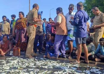 நாகூர் துறைமுகத்தில் மீன் விற்பனை செய்ய ஒரு தரப்பினர் எதிர்ப்பு தெரிவித்ததால் மற்றொரு தரப்பினர் சாலையில் மீன்களை கொட்டி மறியல் போராட்டம். 3 மணி நேரம் போக்குவரத்து பாதிப்பு!!!