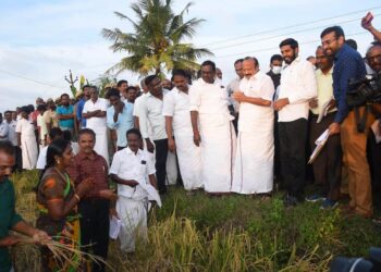 நாகப்பட்டினம் மாவட்டத்தில் பருவம் தவறிய கன மழையினால் பயிர் பாதிப்பு ஏற்பட்ட பகுதிகளில் வேளாண்மை மற்றும் உழவர் நலத்துறை அமைச்சர் எம்.ஆர்.கே.பன்னீர்செல்வம் ஆய்வு மேற்கொண்டார்.