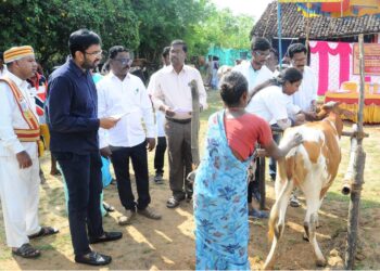 நாகப்பட்டினம் ஊராட்சி ஒன்றியத்திற்குட்பட்ட குறிச்சி கிராமத்தில் கோமாரி நோய் 3வது சுற்று கால் மற்றும் வாய்நோய் தடுப்பூசி முகாமினை   மாவட்ட ஆட்சித்தலைவர்   டாக்டர் அ.அருண்தம்புராஜ், இன்று தொடங்கி வைத்தார்.