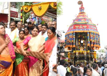 தூத்துக்குடி சிவன் கோவில் சித்திரை தேரோட்டம்  அமைச்சர் கீதாஜீவன், மேயர் ஜெகன் பெரியசாமி வடம்பிடித்து இழுத்து துவக்கி வைத்தனர்.