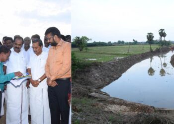 நாகப்பட்டினம் மாவட்டம் தலைஞாயிறு ஊராட்சி ஒன்றியம் ஆலங்குடியில் பொதுப்பணித்துறை மற்றும் நீர்வள ஆதாரத்துறை மூலம் நடைபெற்று வரும் தூர்வாரும் திட்ட பணிகளை சுற்றுச்சூழல் காலநிலை மாற்றத்துறை மற்றும் முன்னாள் படை வீரர் நலத்துறை அமைச்சர் சிவ.வீ.மெய்யநாதன் நேரில் பார்வையிட்டு ஆய்வு மேற்கொண்டார். 