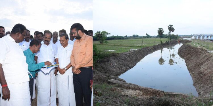 நாகப்பட்டினம் மாவட்டம் தலைஞாயிறு ஊராட்சி ஒன்றியம் ஆலங்குடியில் பொதுப்பணித்துறை மற்றும் நீர்வள ஆதாரத்துறை மூலம் நடைபெற்று வரும் தூர்வாரும் திட்ட பணிகளை சுற்றுச்சூழல் காலநிலை மாற்றத்துறை மற்றும் முன்னாள் படை வீரர் நலத்துறை அமைச்சர் சிவ.வீ.மெய்யநாதன் நேரில் பார்வையிட்டு ஆய்வு மேற்கொண்டார்.