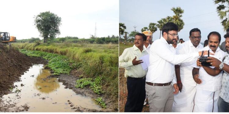 நாகப்பட்டினம் மாவட்டம் நாகப்பட்டினம் ஊராட்சி ஒன்றியம் பெருங்கடம்பனூர் கிராமத்தில் உள்ள தேவநதி வாய்க்காலில் பொதுப்பணித்துறை மற்றும் நீர்வள ஆதாரத்துறை மூலம் நடைபெற்று வரும் தூர்வாரும் திட்ட பணிகளை சுற்றுச்சூழல் காலநிலை மாற்றத்துறை மற்றும் முன்னாள் படை வீரர் நலத்துறை அமைச்சர் சிவ.வீ.மெய்யநாதன் நேரில் பார்வையிட்டு ஆய்வு மேற்கொண்டார்.