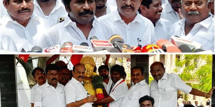 தூத்துக்குடி வந்த அதிமுக வேட்பாளர் வேலுமணிக்கு  விமான நிலையத்தில்   மிகப் பிரம்மாண்டமான வரவேற்பு கொடுத்த   3 முன்னாள் அமைச்சர்கள் மற்றும் கூட்டணி கட்சியினர்   உற்சாகத்தில் அதிமுகவினர் !!!