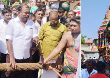 துாத்துக்குடியில் சிவன் கோவில் ஐப்பசி திருக்கல்யாண திருவிழா தேரோட்டம். மேயர் ஜெகன் பொியசாமி வடம்பிடித்து தொடங்கி வைத்தார். 